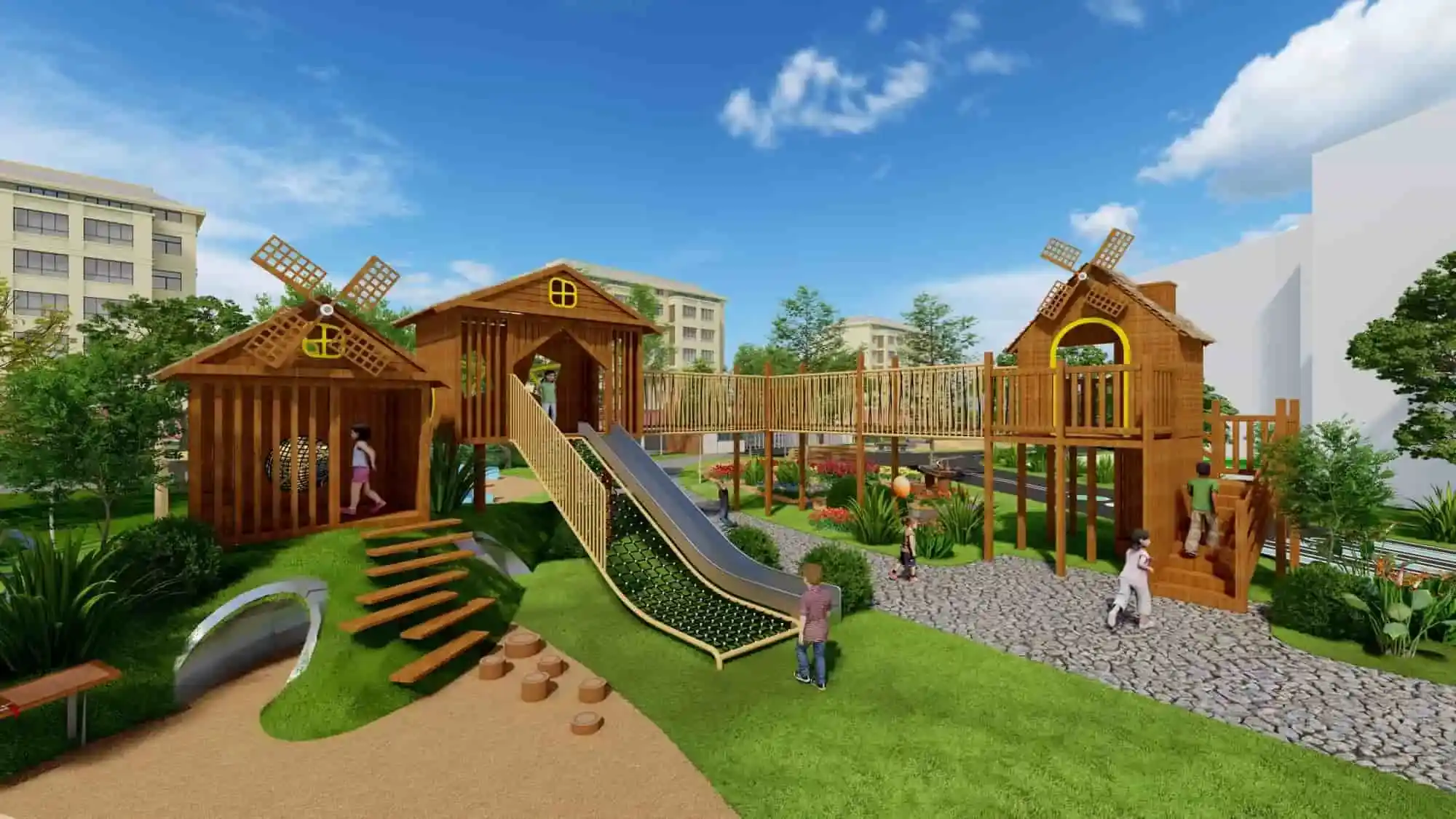 Wooden Country Windmill Theme Children's Playground Landscape Design HD-MLY008